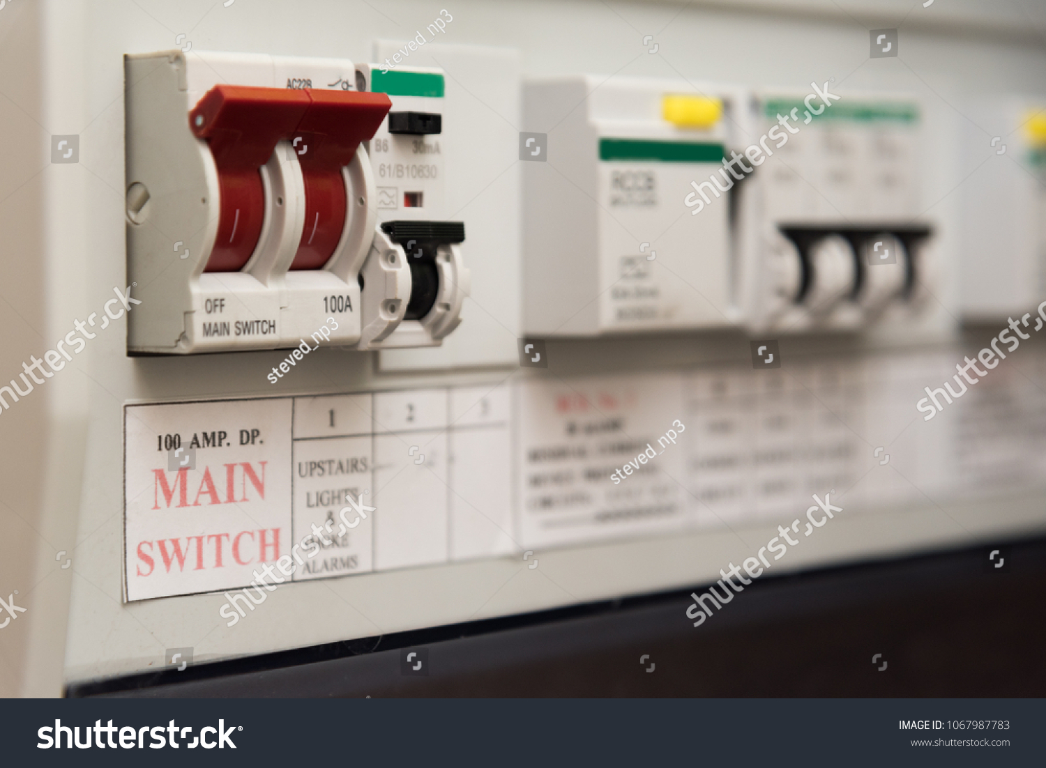 Close up of a MCB (Micro Circuit Breaker) on a UK domestic electrical consumer