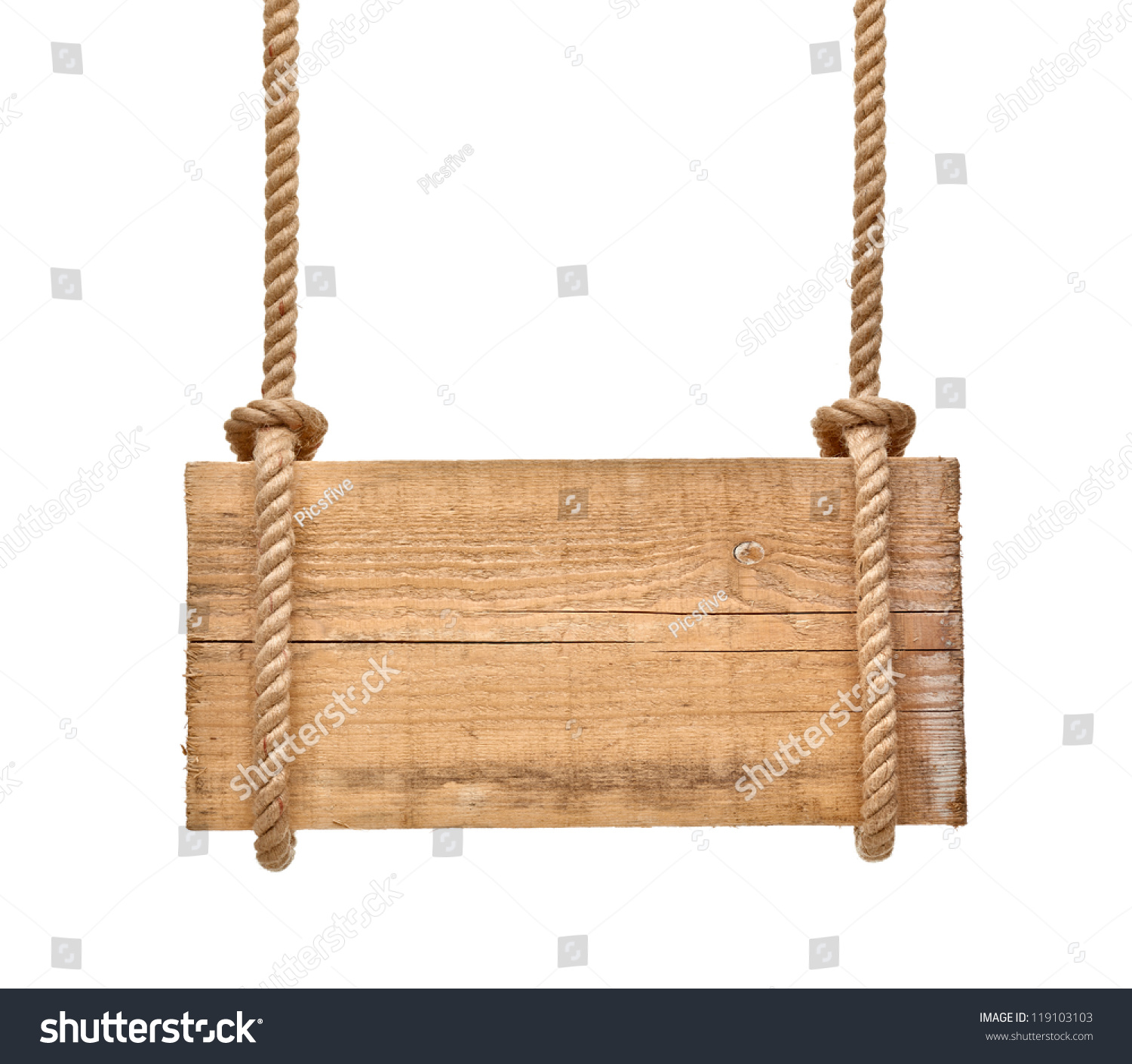 Close Up Of An Empty Wooden Sign Hanging On A Rope On White Background ...