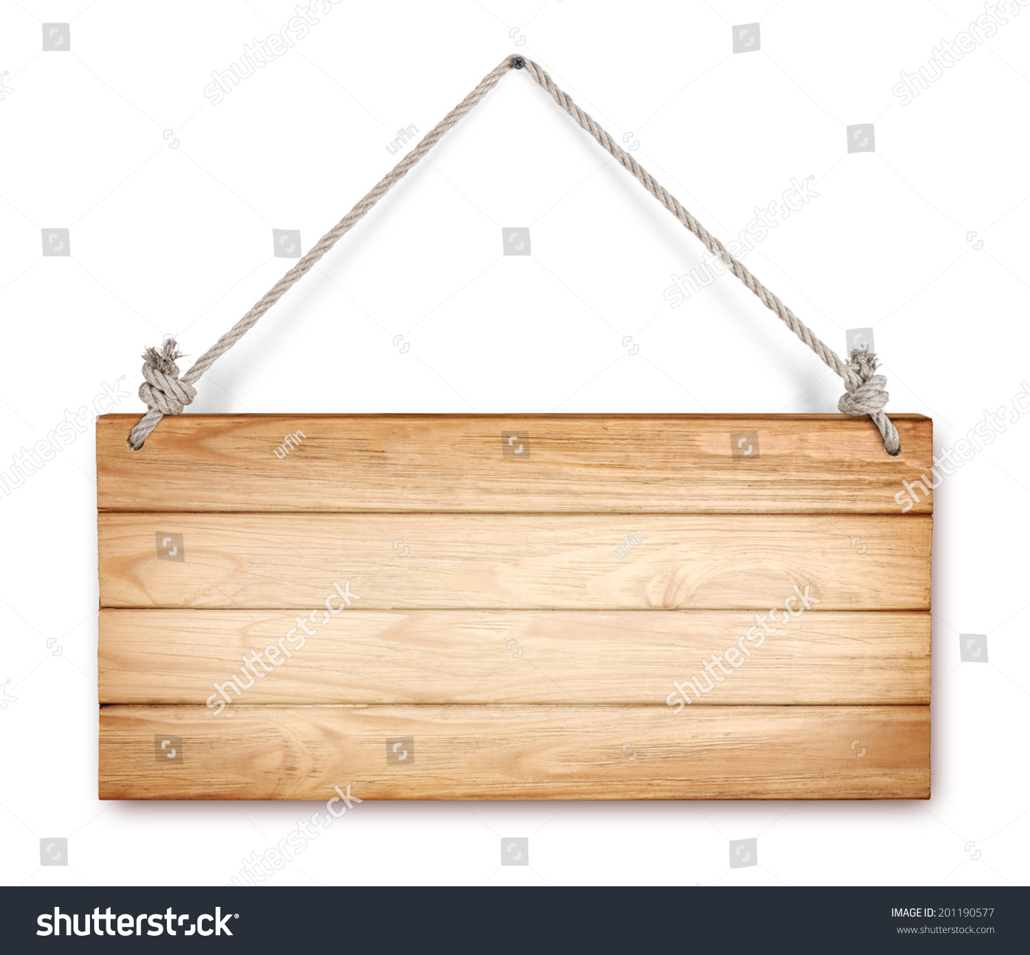 Close Up Of An Empty Wooden Sign Hanging On A Rope On White Background ...