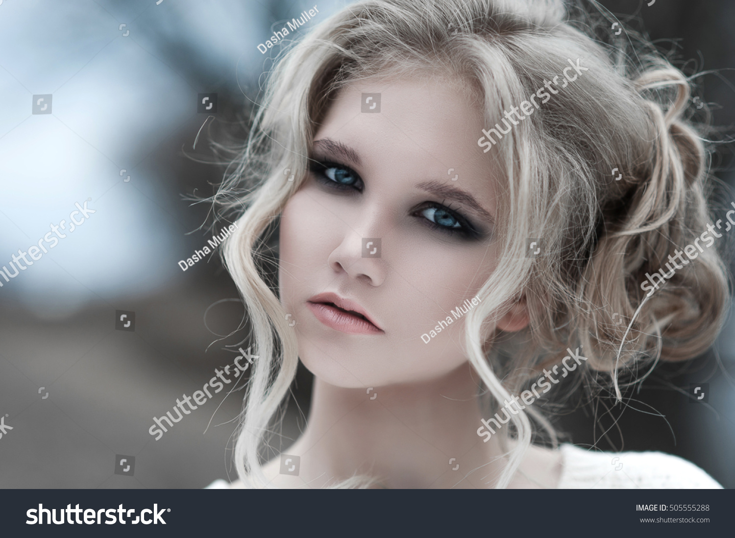Close Beautiful Young Blonde Woman Blue Stock Photo Edit Now