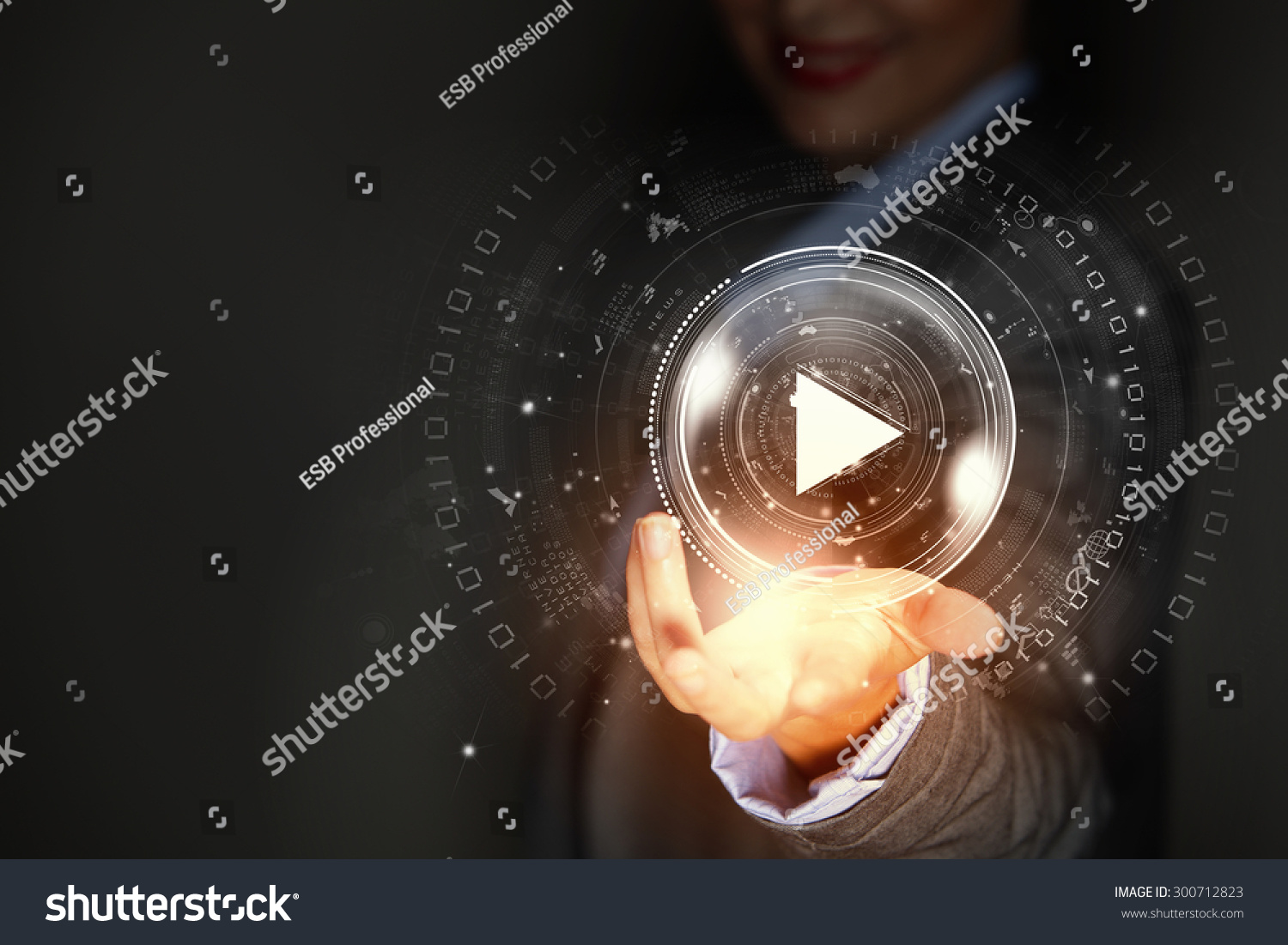 Close Businesswoman Pressing Media Play Icon Stock Photo Edit Now