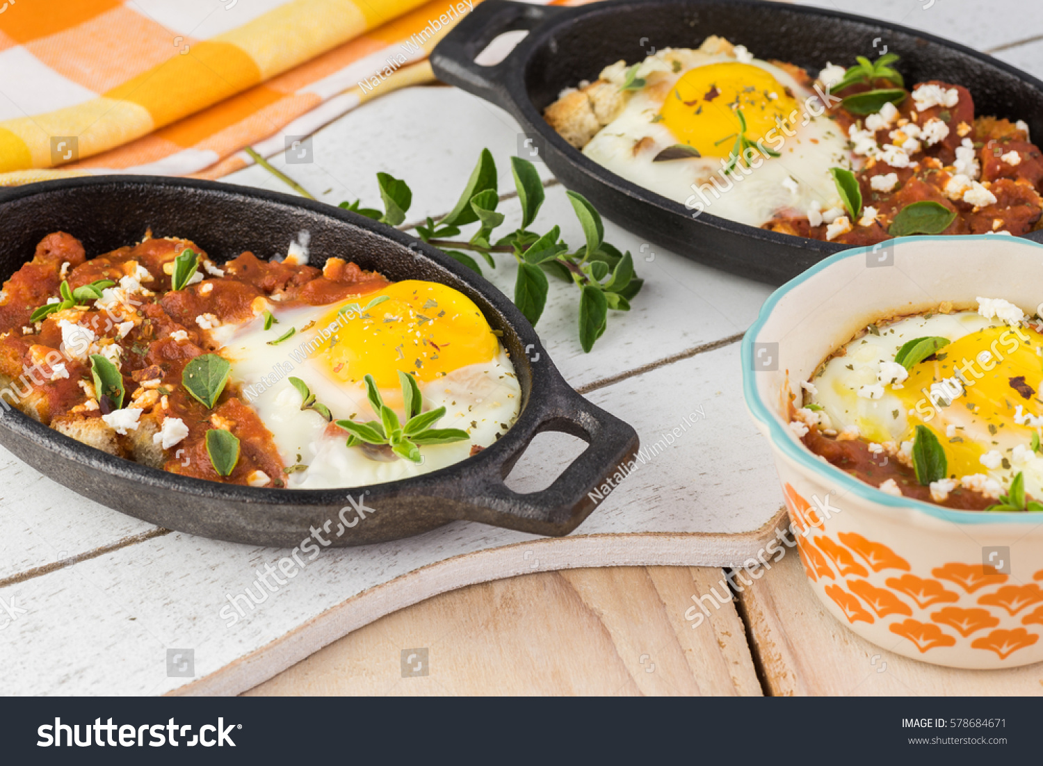 Close Shirred Eggs Marinara Feta Individual Stock Photo Edit Now 578684671