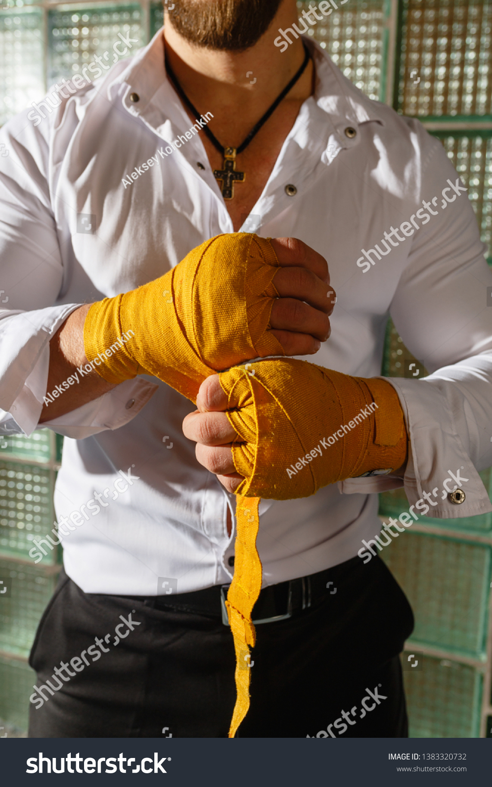 Closeup Boxers Hand Bandages White Shirt Stock Photo Edit Now 1383320732