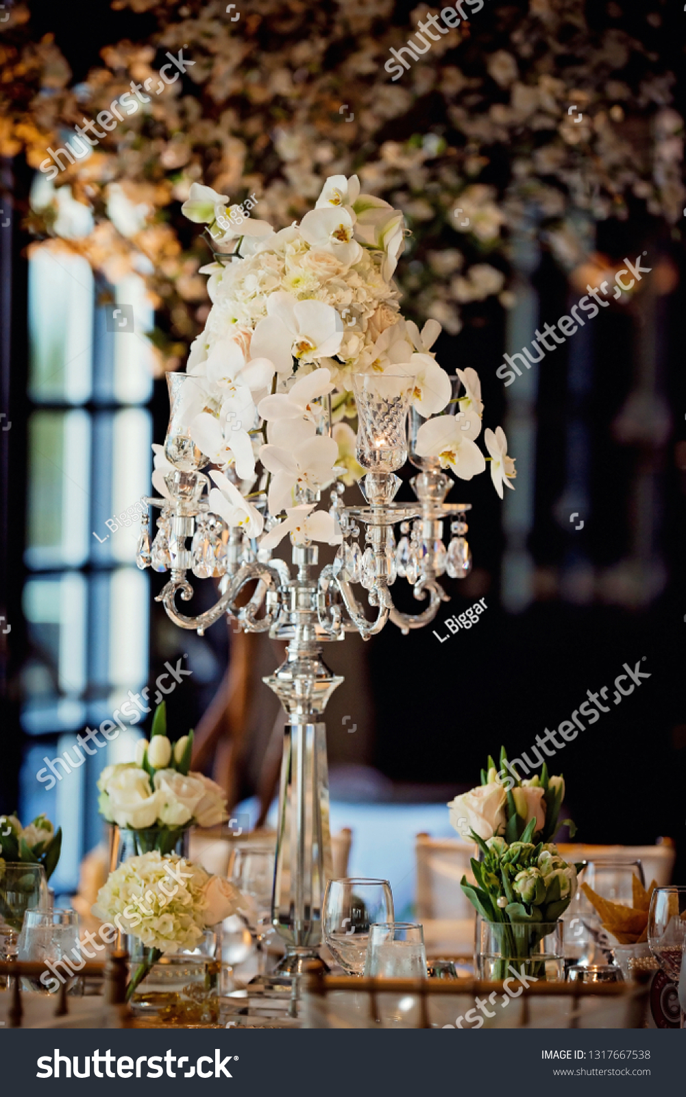 Close Wedding Reception Banquet Table Centerpiece Stock Photo