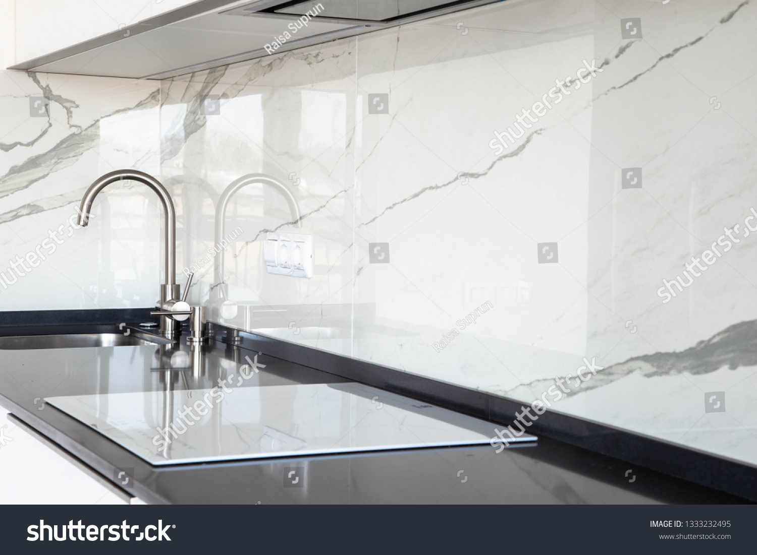 Close White Glossy Kitchen Black Quartz Interiors Stock Image