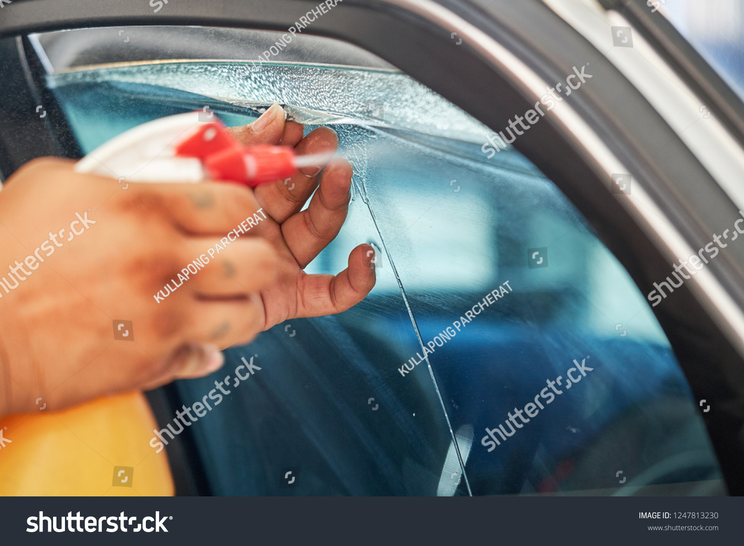 Close Worker Hand Spray Soapy Solution Stock Photo Edit Now 1247813230