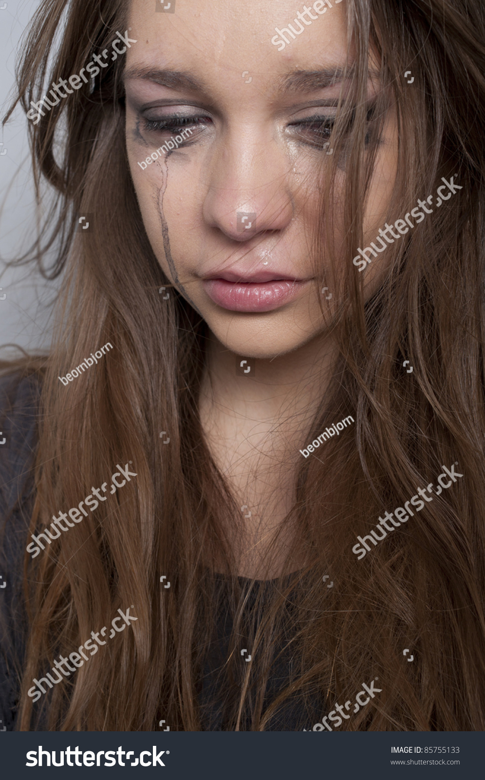 Close Up Photo Of A Young Beautiful Woman Crying, With Smudged Make Up ...