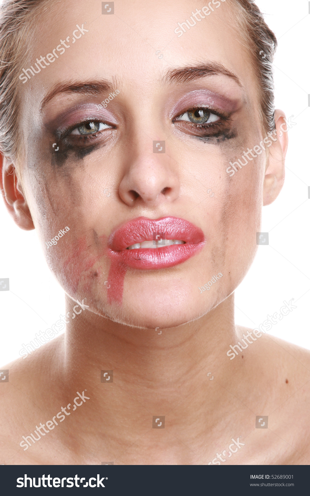 Close-Up Portrait Of A Crying Woman With Flowing Mascara And Lipstick ...