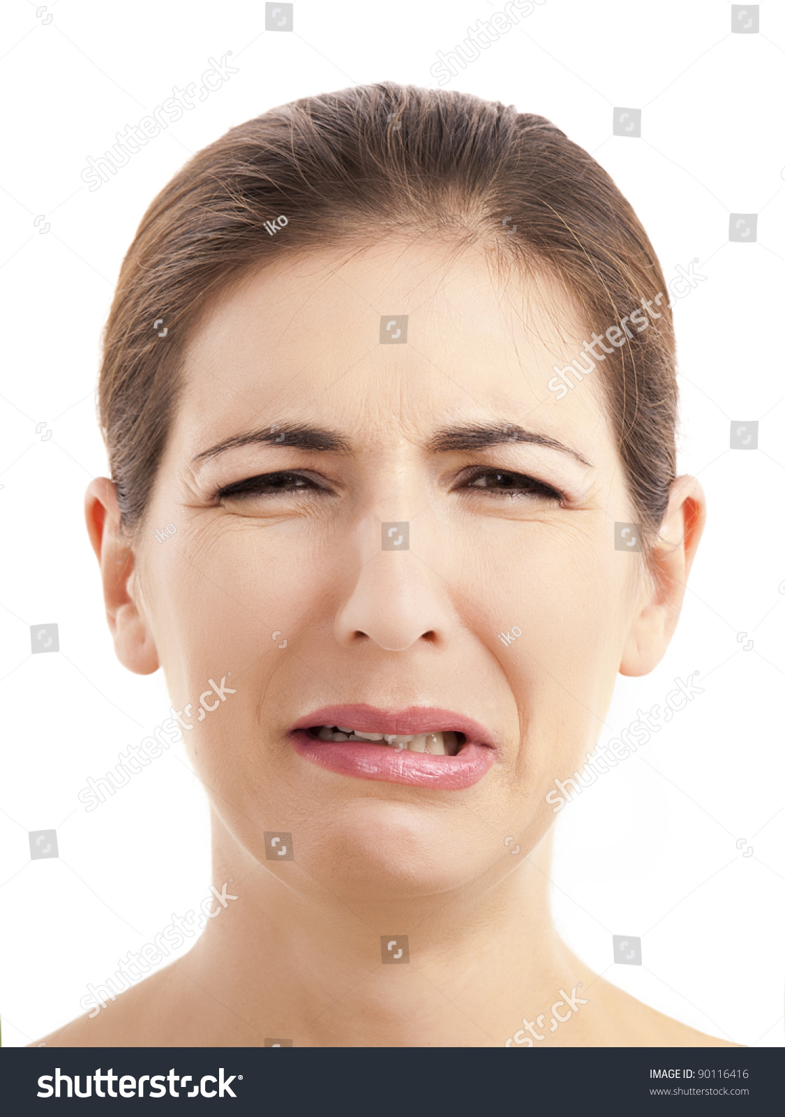 Close-Up Portrait Of A Woman With A Crying Face, Over A White ...