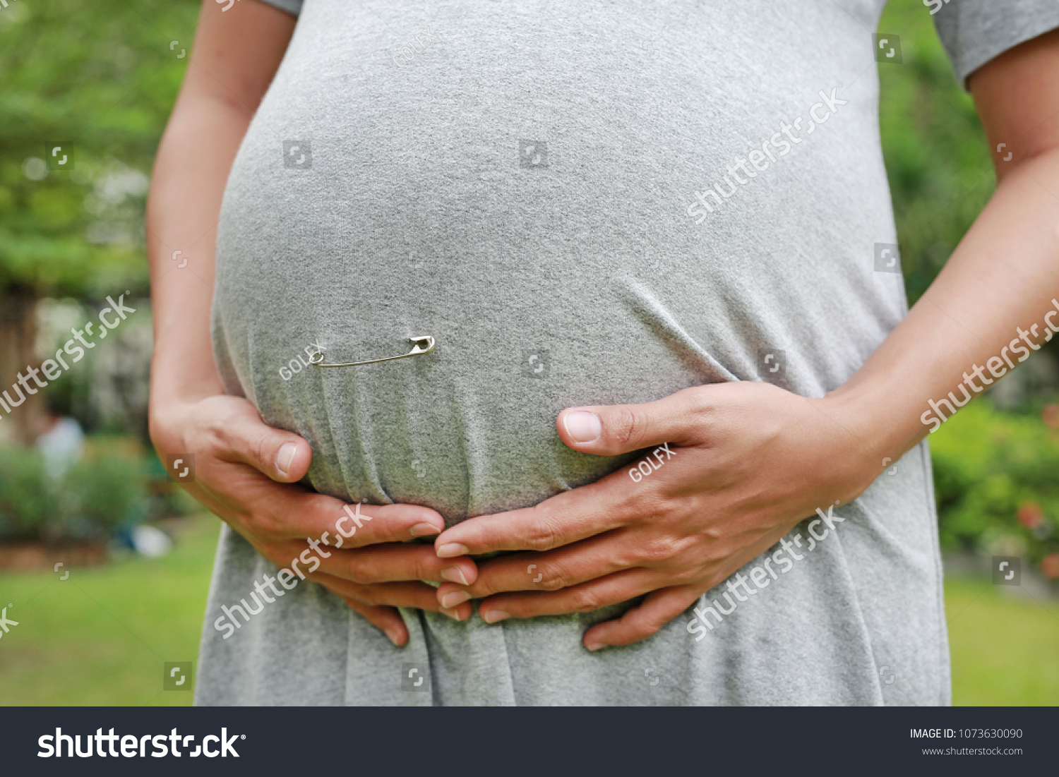 Close Pregnant Belly Safety Needles On Stock Photo 1073630090