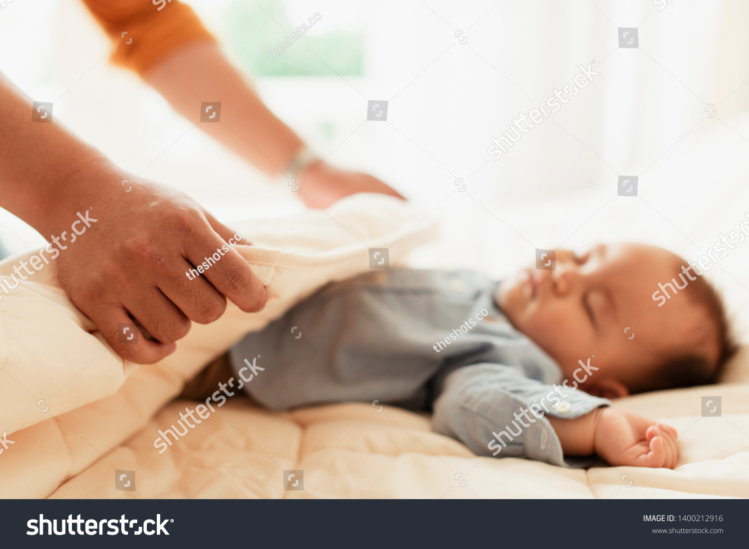 Close Shot Father Put Blanket On Stock Photo Edit Now 1400212916