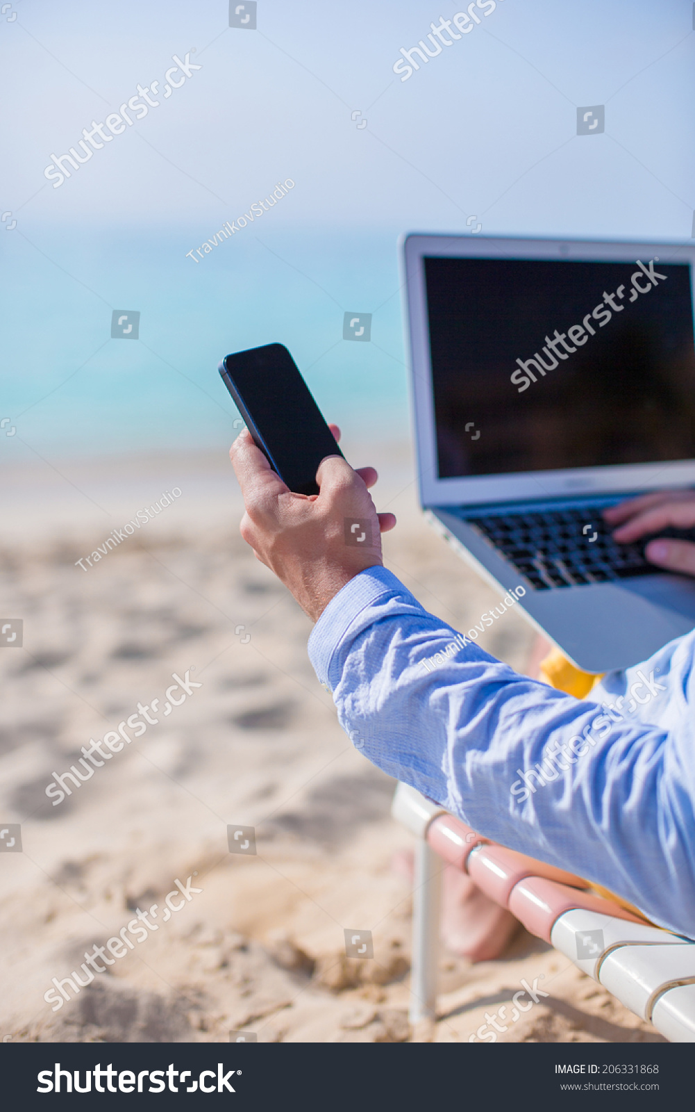 Close Telephone On Background Computer Beach Stock Photo 206331868