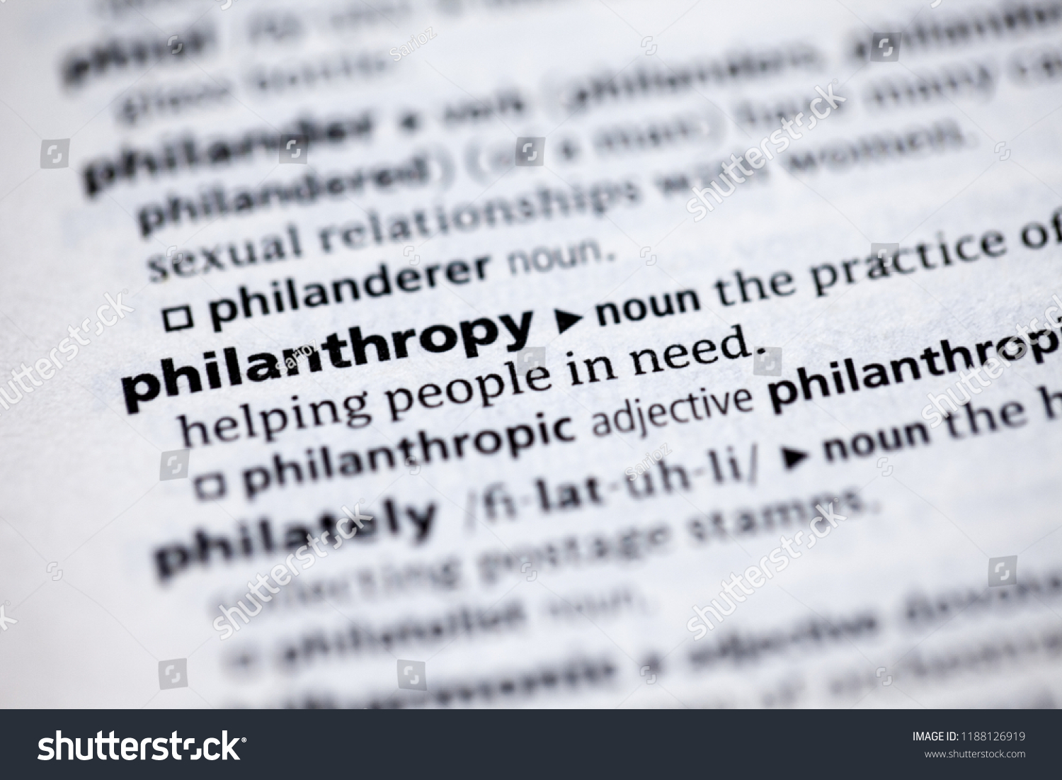 close dictionary definition philanthropy stock photo (edit now