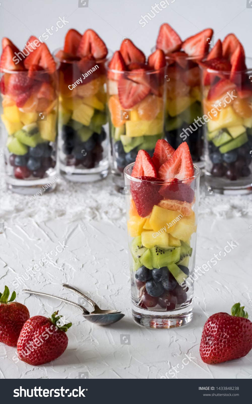 Close View Rainbow Fruit Salad Tall Backgrounds Textures Stock Image 1433848238