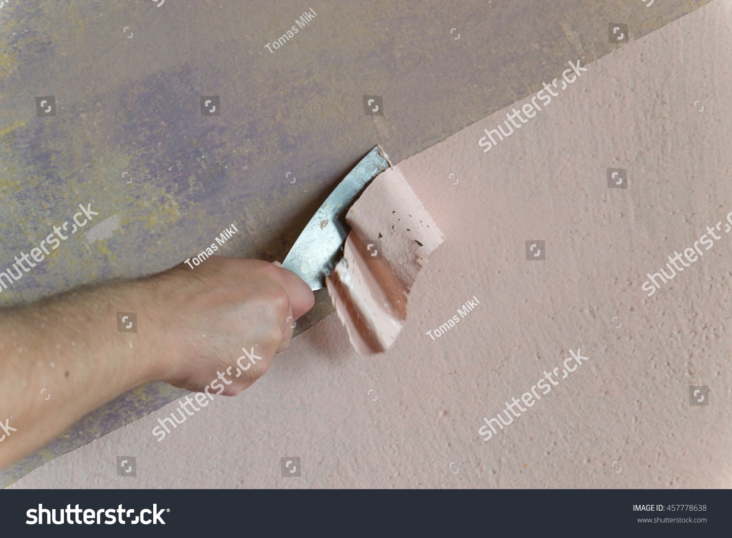 Close Worker Hand Scraping Old Paint Stock Photo Royalty Free