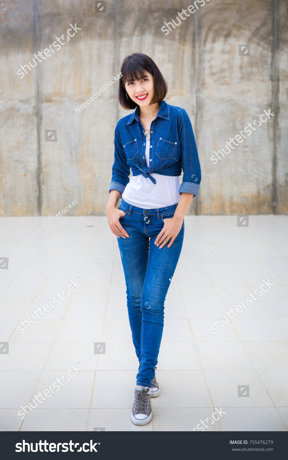 Closeup Asian Woman Casual Outfits Standing Stock Photo (Edit Now) 755476279