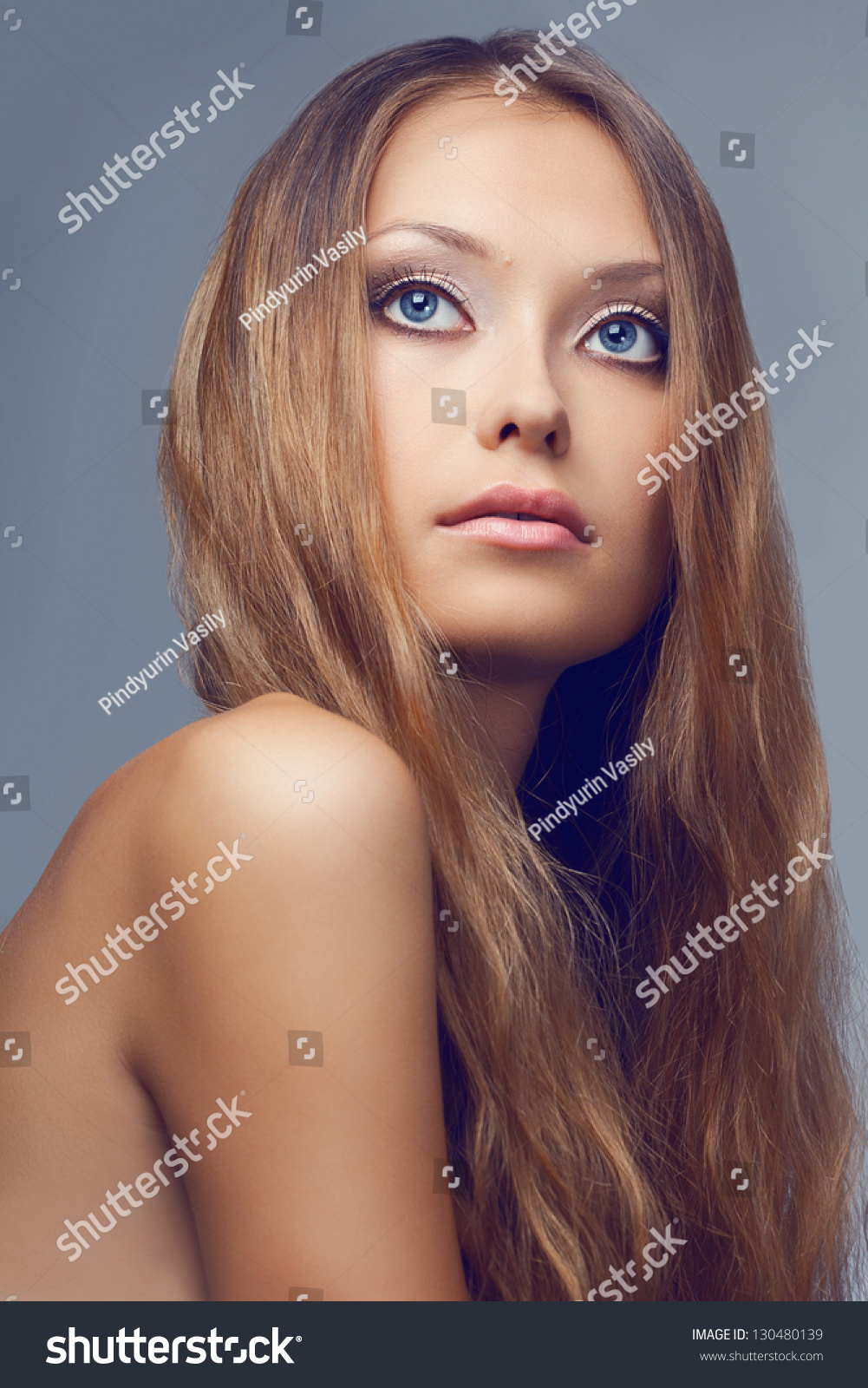 Closeup Beautiful Woman Face Portrait Over Stock Photo 130480148