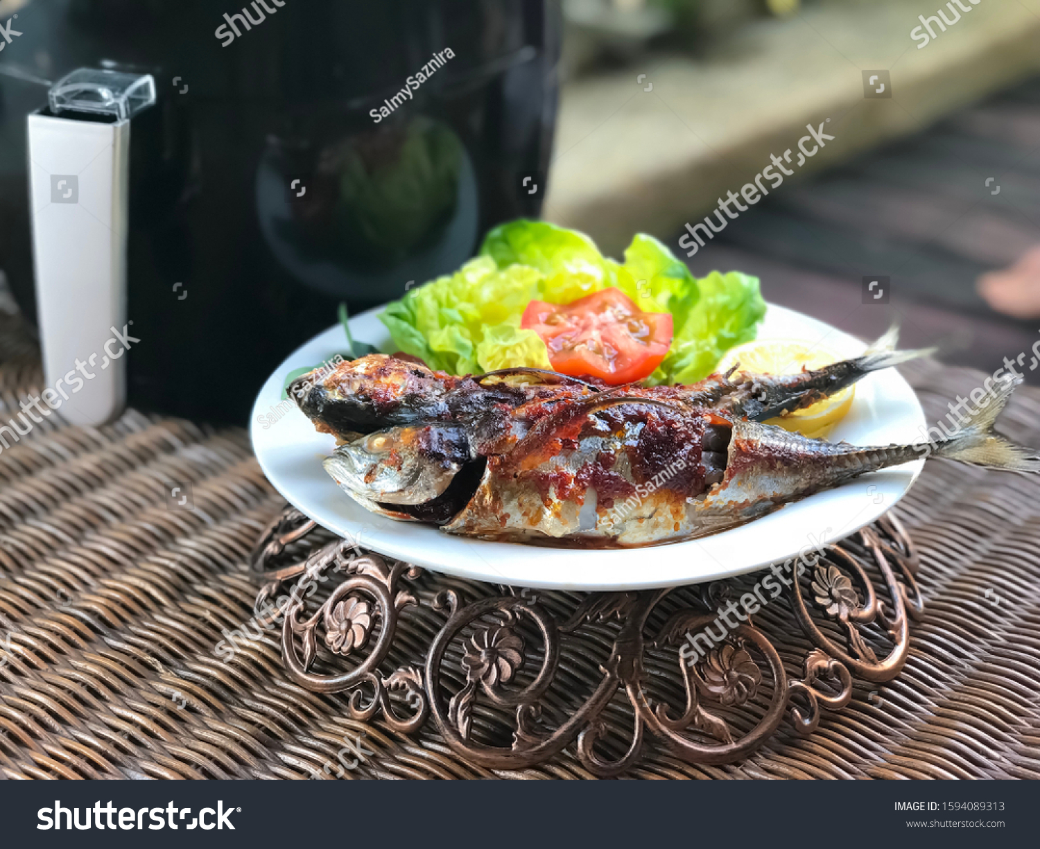 Closeup Fish Grilled Air Fryer White Stock Photo 1594089313 Shutterstock