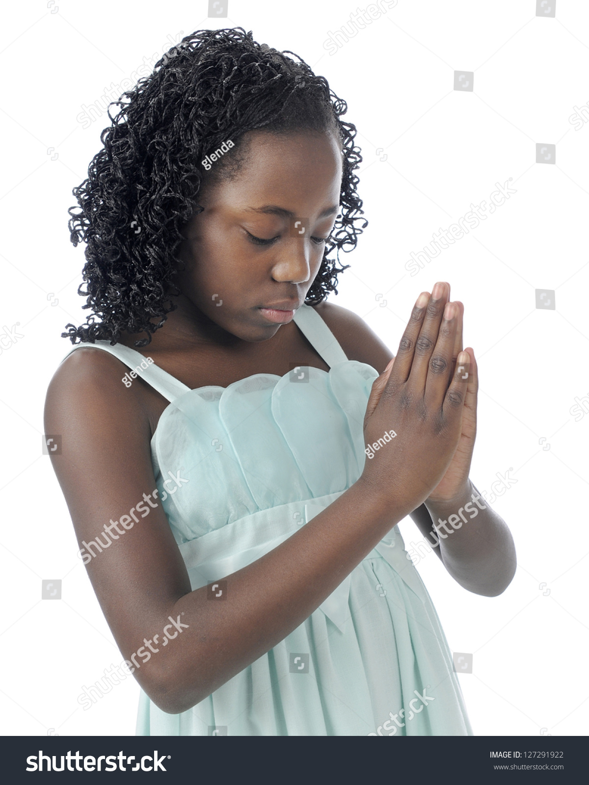 Closeup Image Of A Beautiful Young Tween With Her Head Bowed, Eyes ...