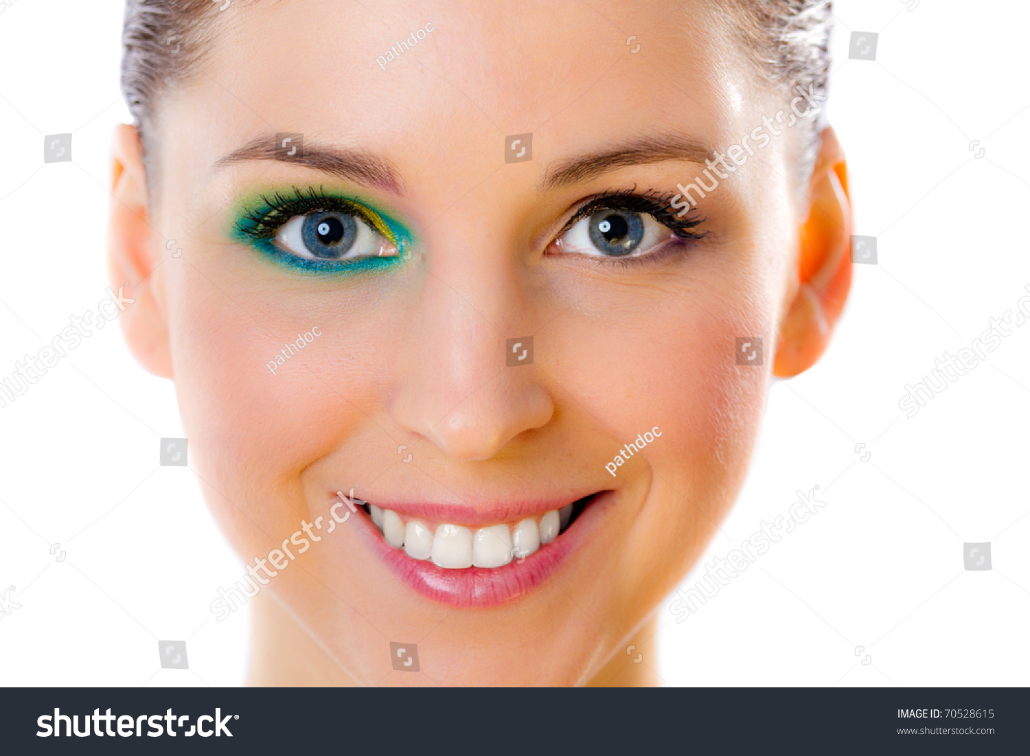 Closeup Of A Beautiful Smiling Model Wearing Half Face Makeup Stock ...