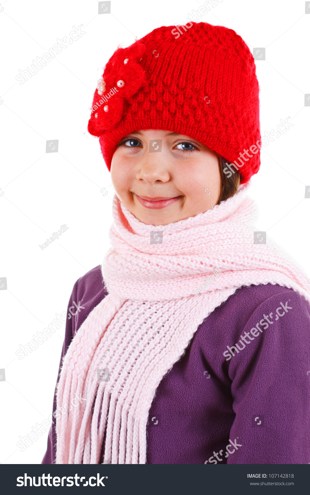 Closeup Of A Cute 9-Year-Old Girl In Red Hat, Pink Scarf And Purple ...