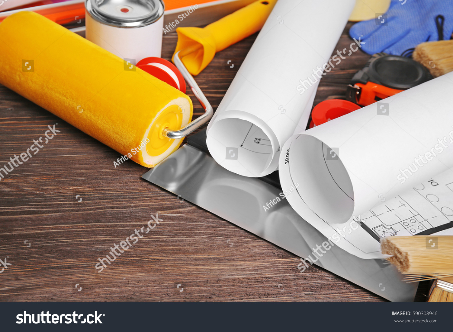 Closeup Decorator Tools  On Wooden Table Stock Photo 