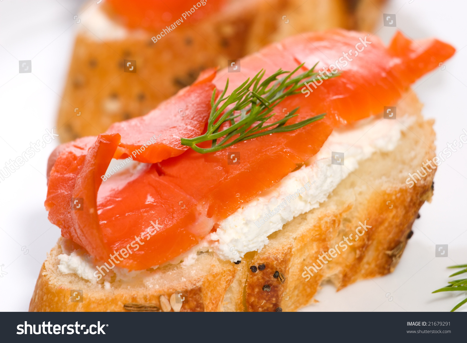 Closeup Of Delicious Canape With Smoked Salmon, Cream Cheese Spread And ...