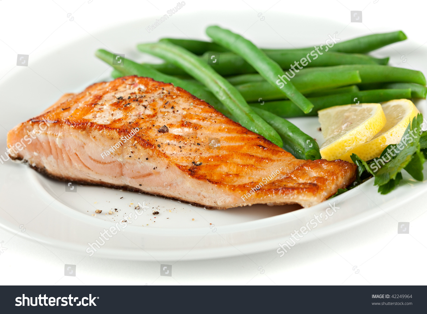 Closeup Of Grilled Salmon Fillet With Green Beans Plate Stock Photo ...