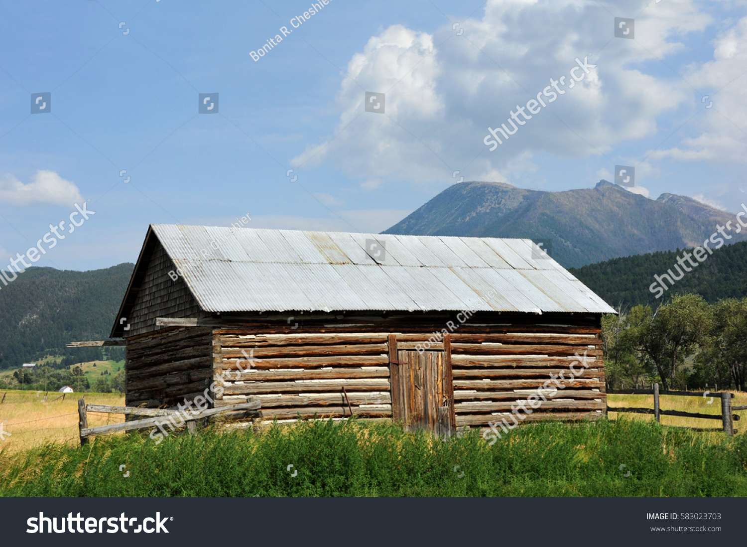 Closeup Log Cabin Surrounded By Meadow Stock Photo Edit Now