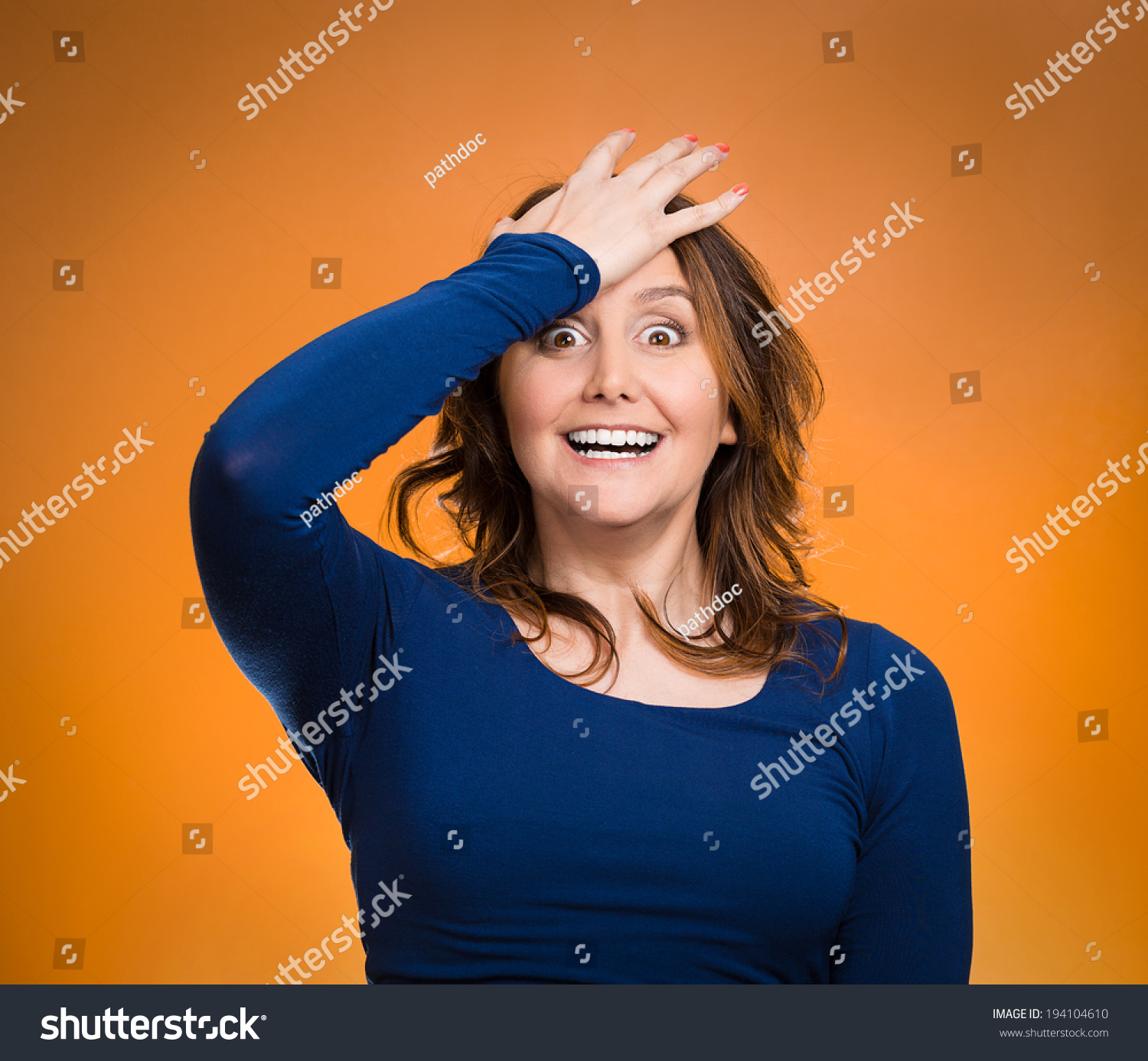 Closeup Portrait Excited Young Middle Aged Woman Placing Hand On Head ...