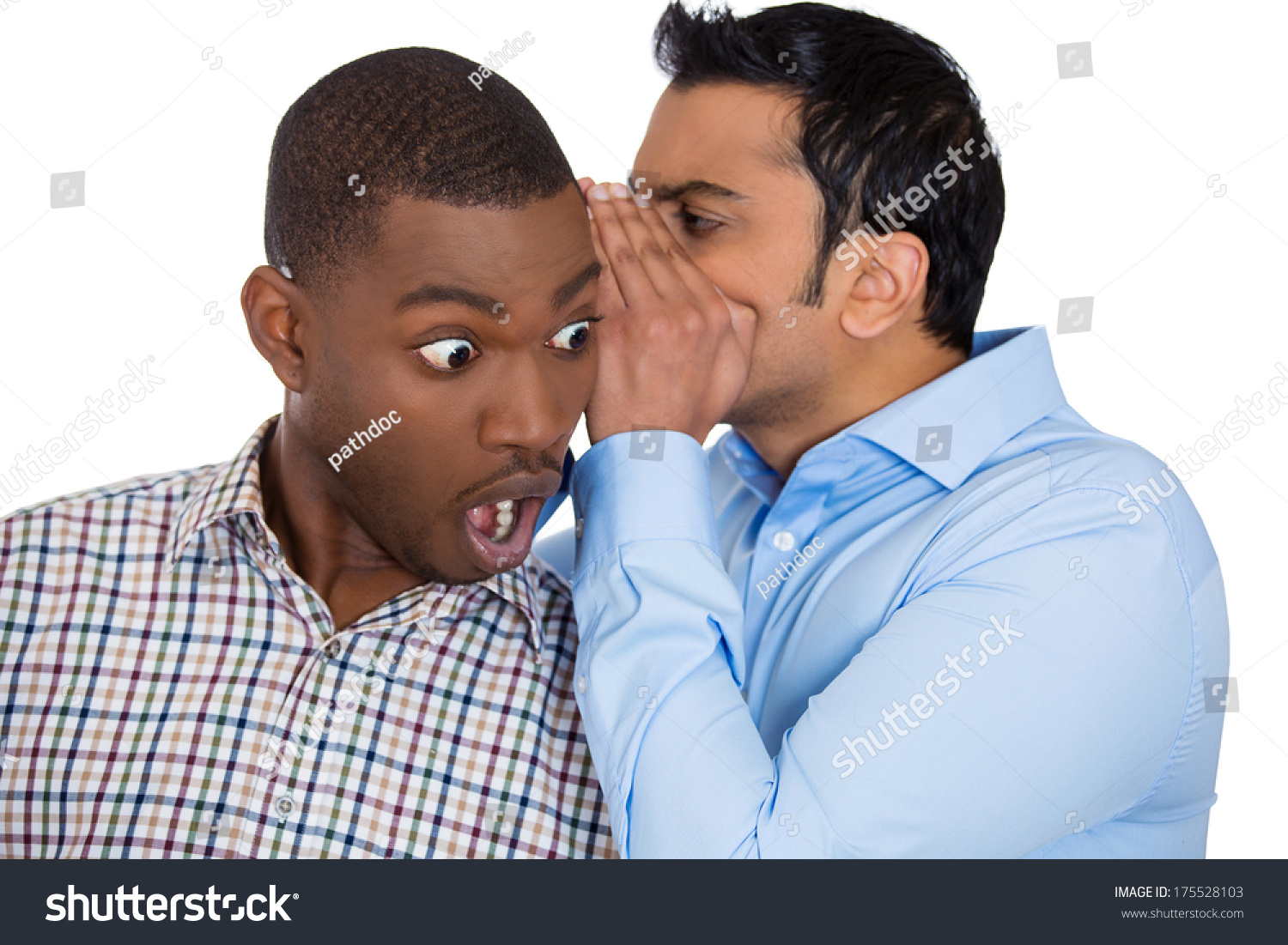 Closeup Portrait Of Guy Whispering Into Man'S Ear Telling Him Something ...