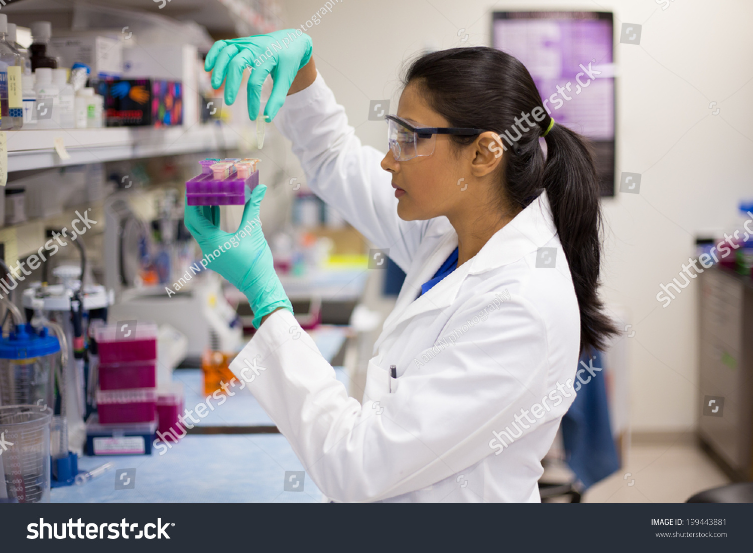 Closeup portrait, young scientist in labcoat wearing nitrile gloves, doing experiments in lab, academic sector.