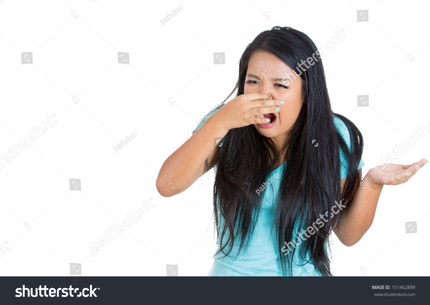 Closeup Portrait Young Woman, Disgust On Face, Pinches Nose Looks Funny ...