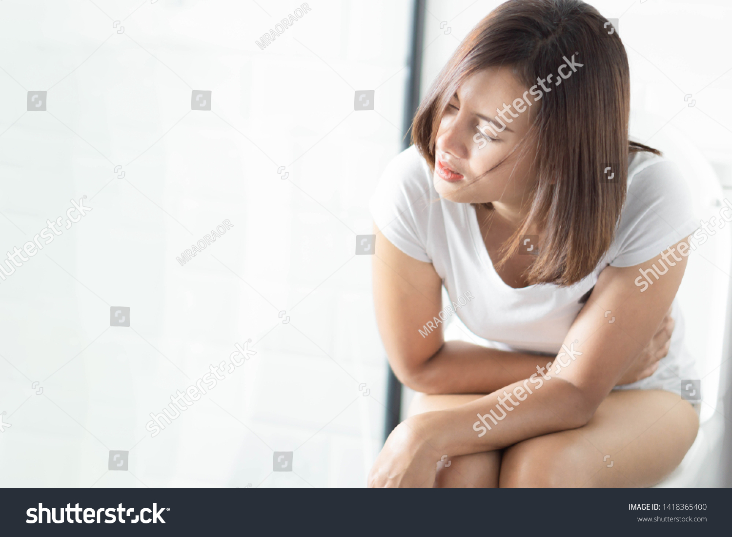 Closeup Woman Sitting On Toilet Morning Stock Photo 1418365400 Shutterstock