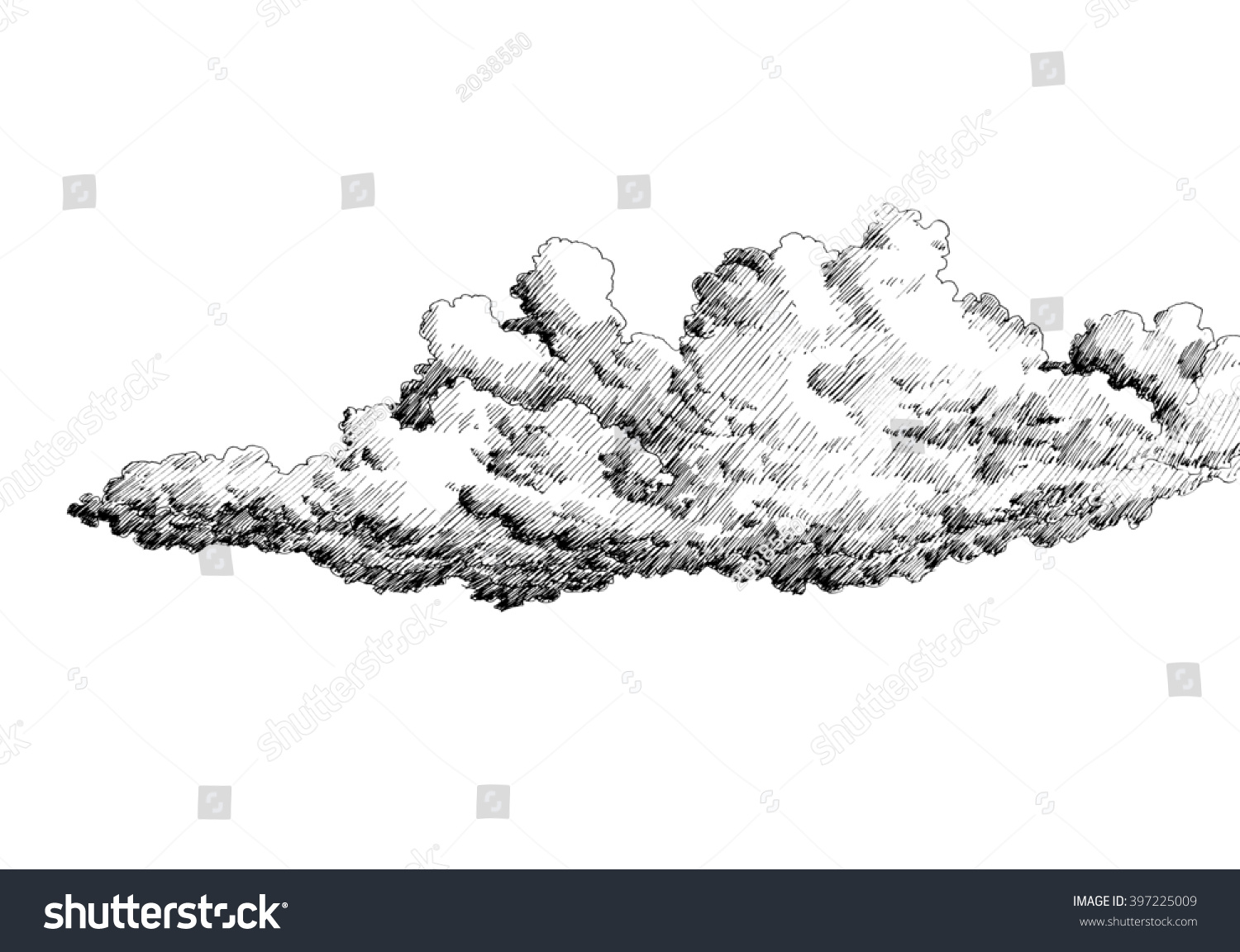 空に雲 白黒の破線スケッチ 線画 ペンとインクで描く レトロなビンテージ画像 のイラスト素材