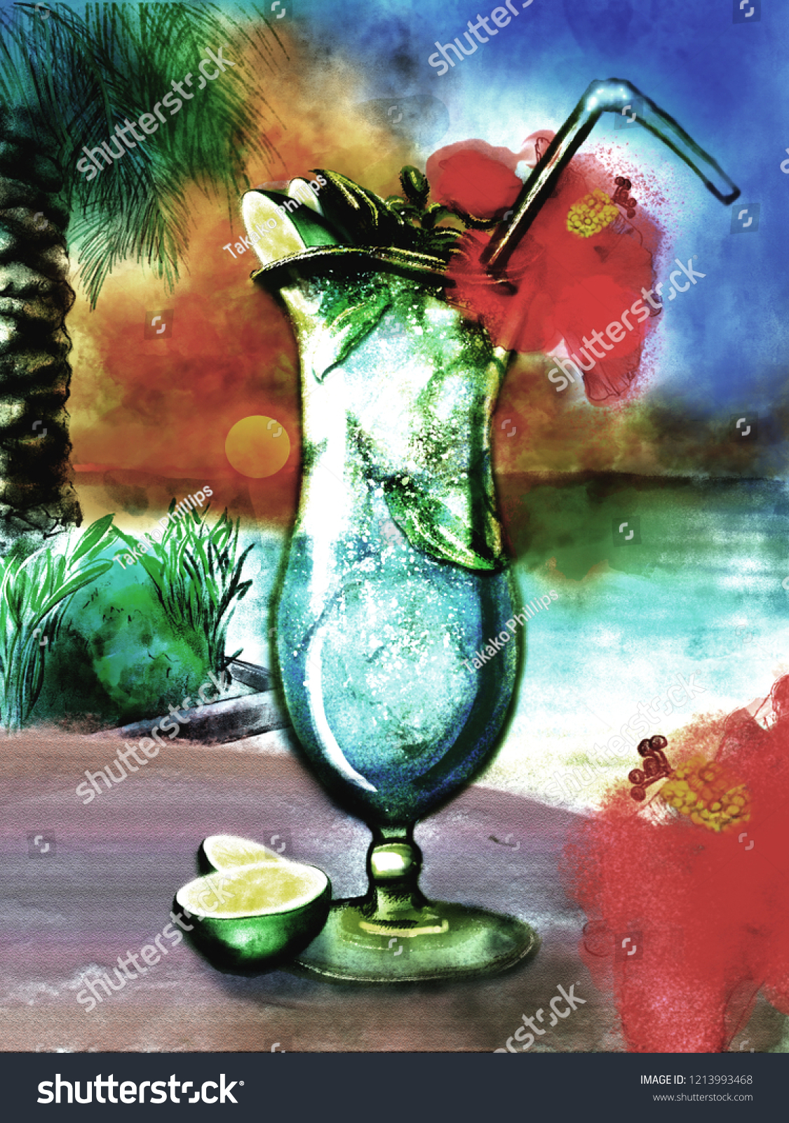 Cocktail Sunset Beach Water Color Painting Stock Illustration 1213993468