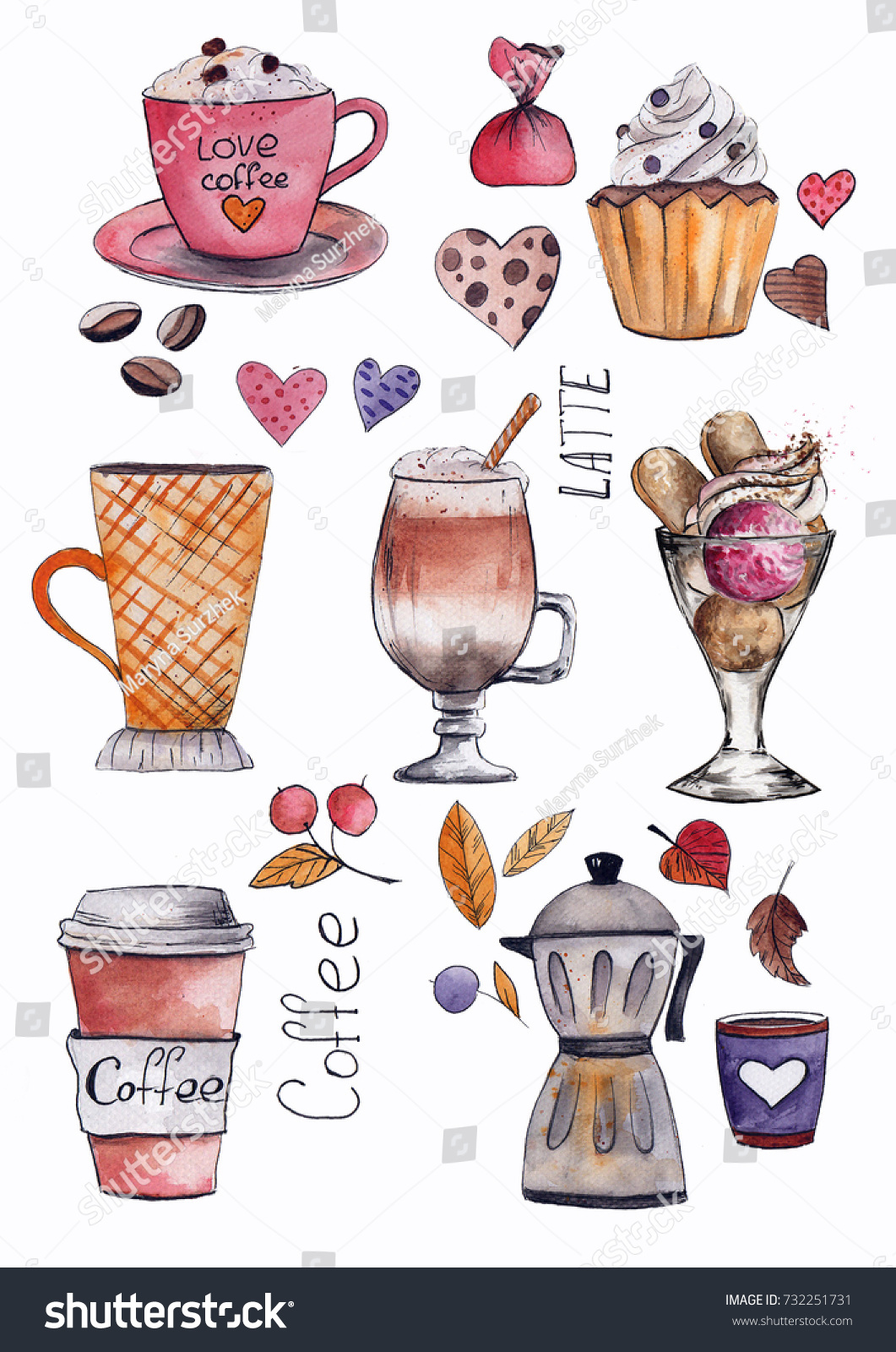 Coffee Cups Coffee Pot Watercolor Set Stock Illustration