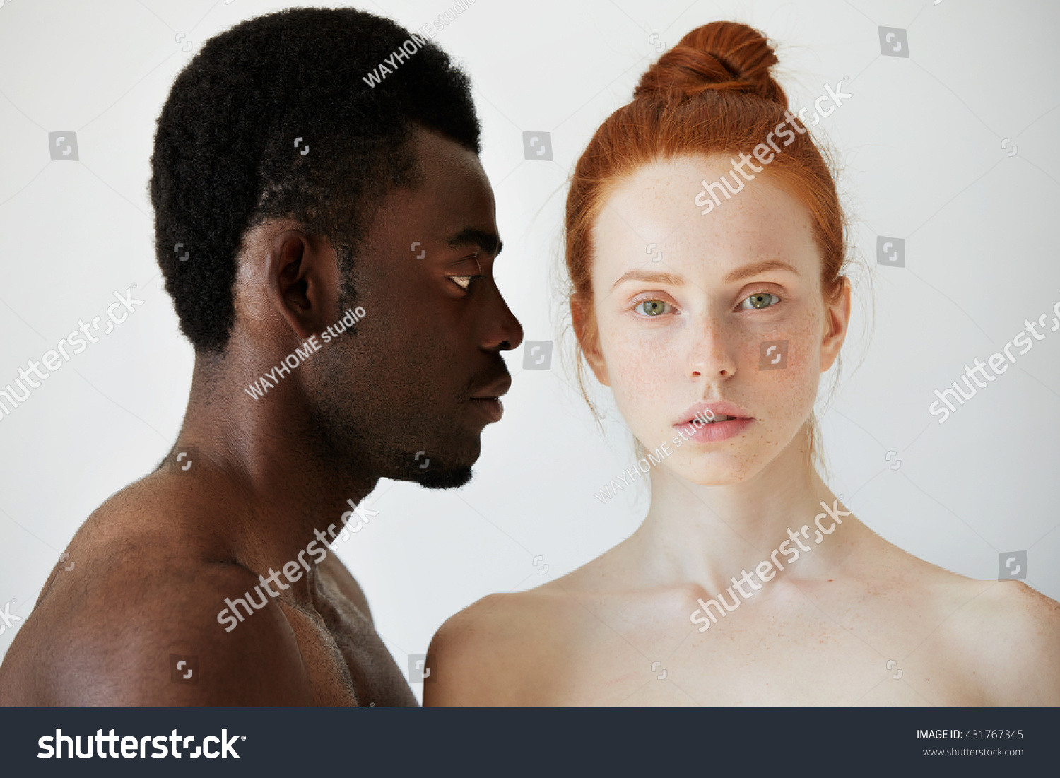 Portrait Of A Naked Couple Mixed Race On White Stock Photo 