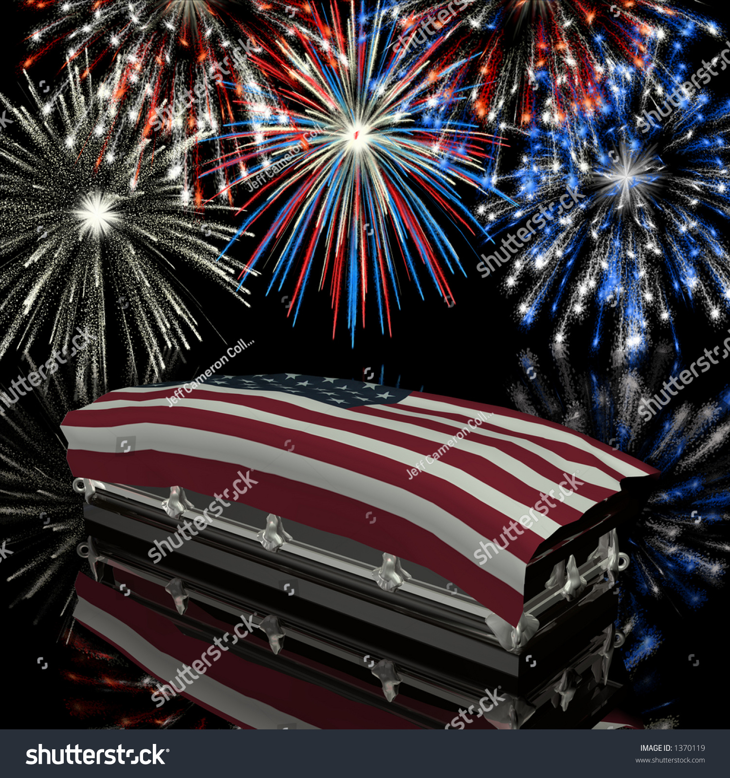 Coffin Draped American Flag Fireworks Background Stock