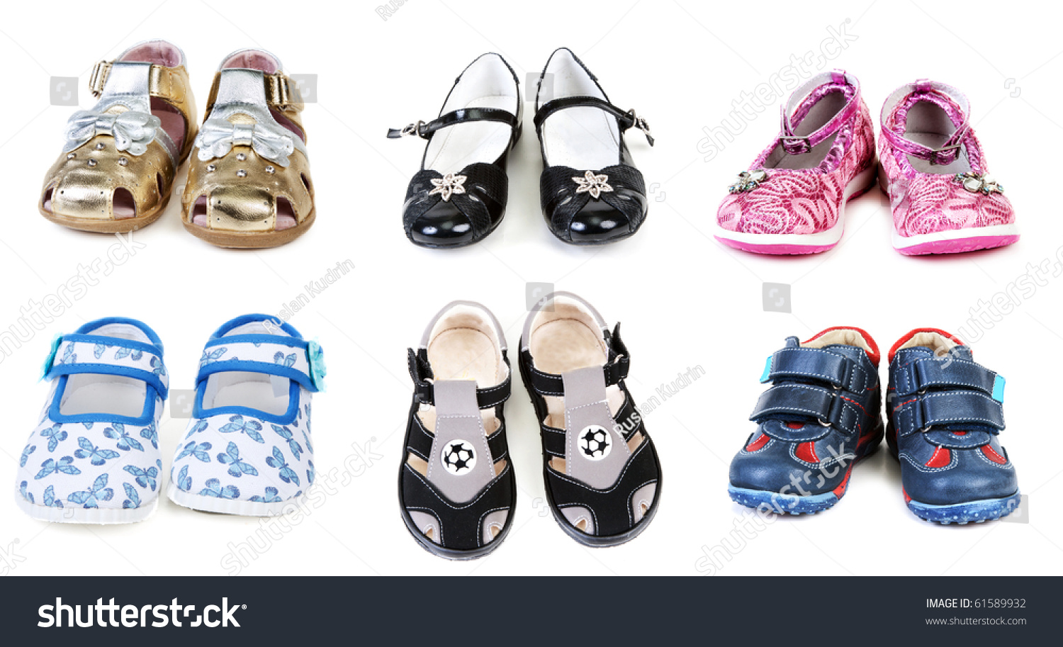 Collage From Six Pairs Baby Footwear On White Background. The Picture ...
