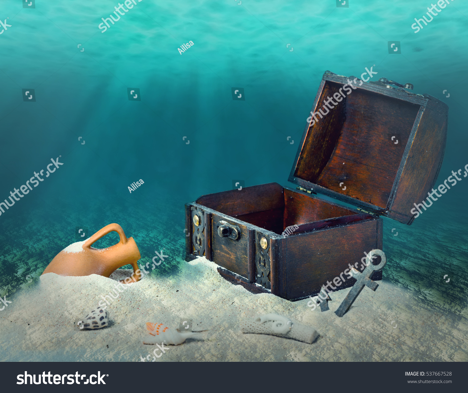 Collage Opened Empty Old Wooden Treasure Stock Photo (Edit Now) 537667528