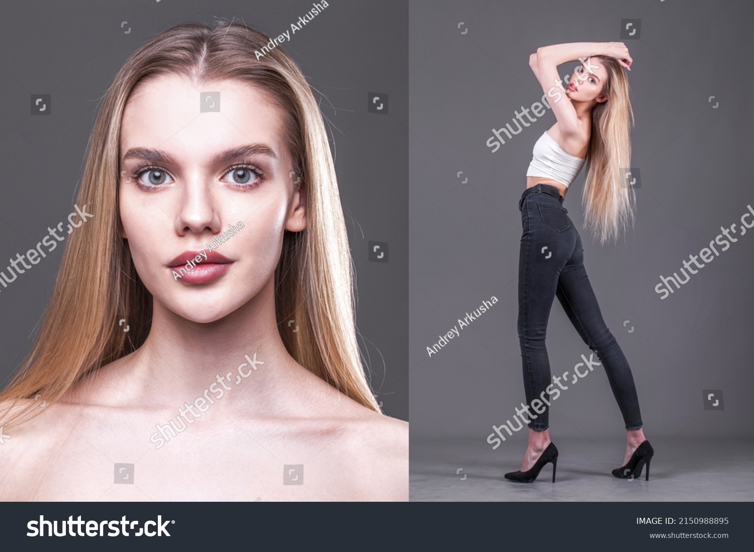 Collage Portrait Young Beautiful Blonde Models Stock Photo 2150988895