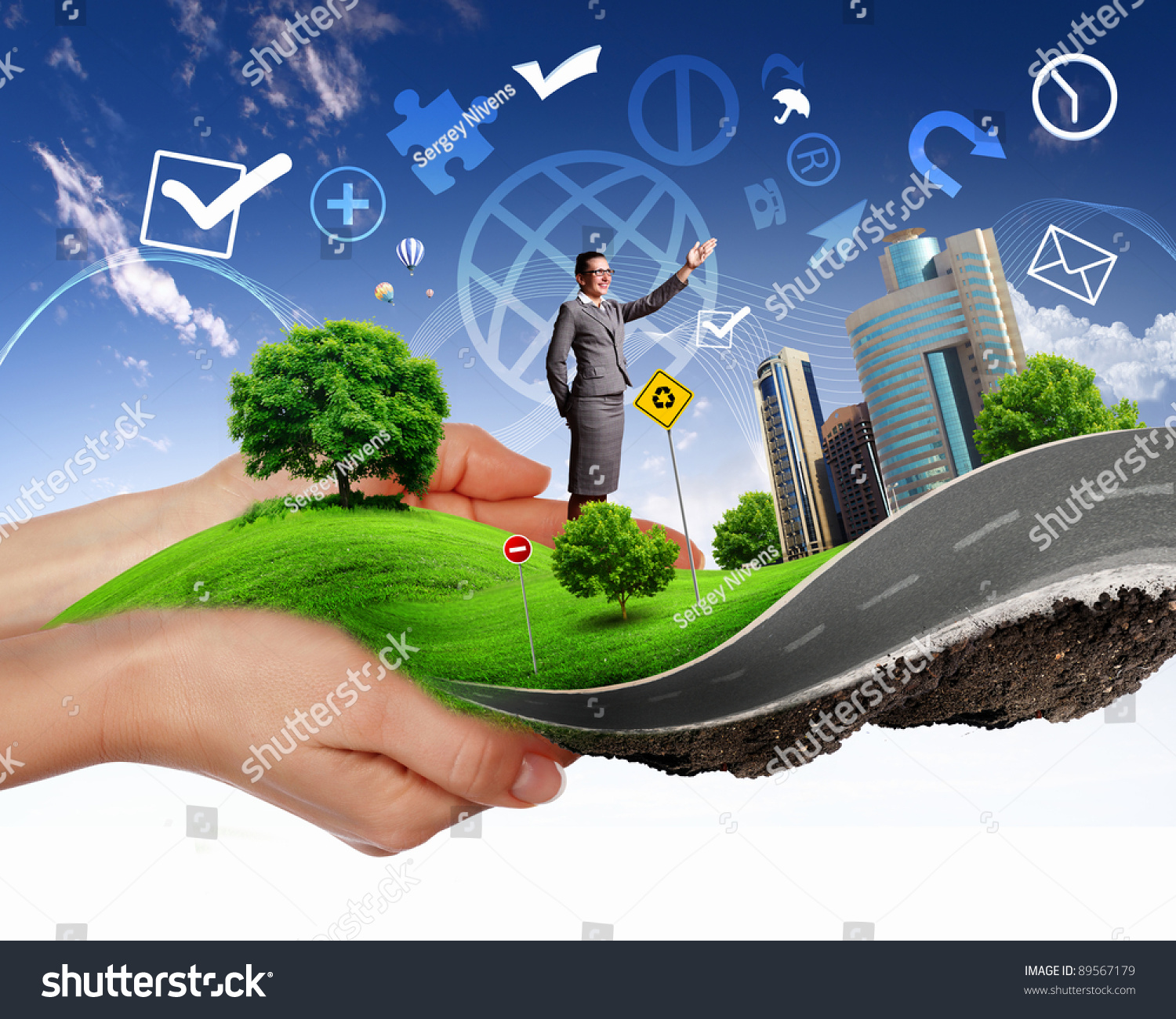 Collage With A Human Hand Holding A Green Landscape Stock Photo ...