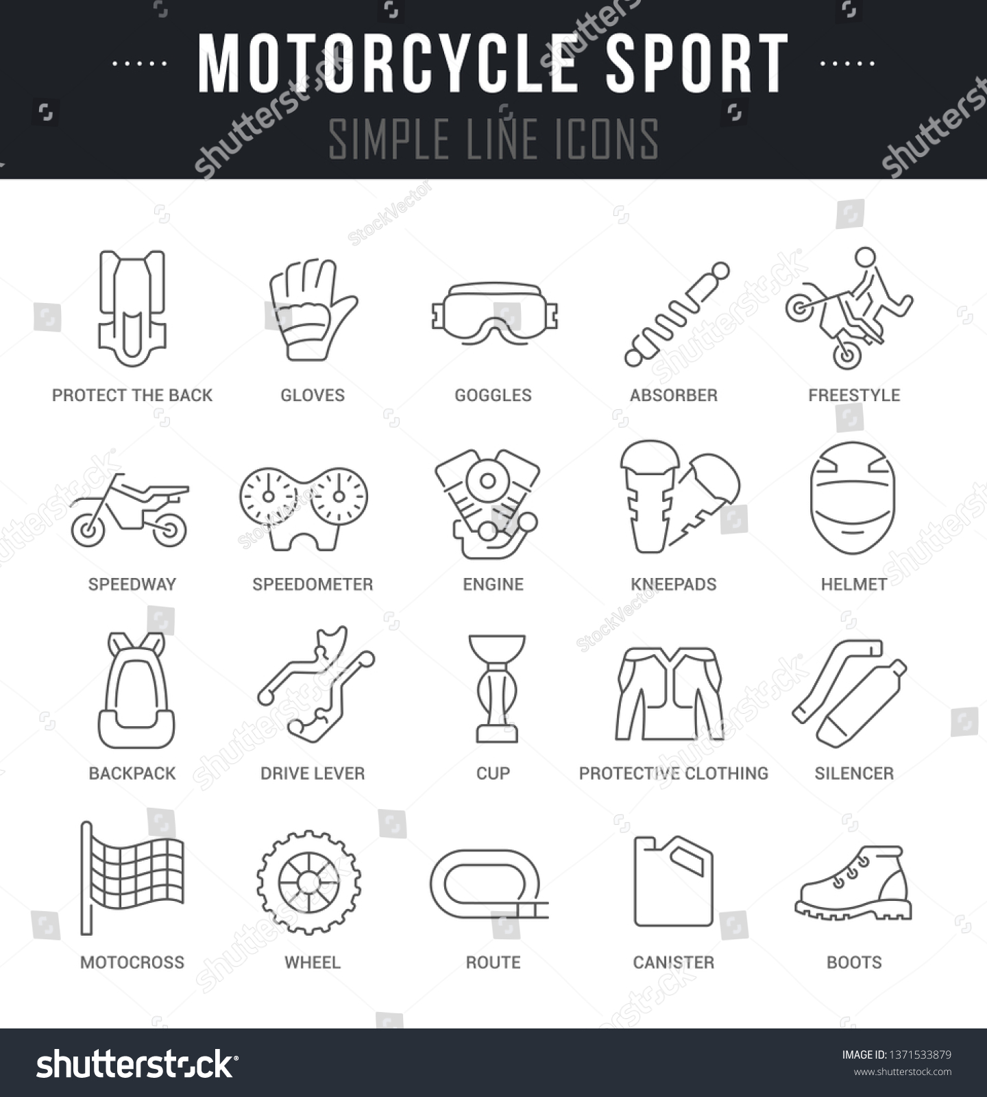 Collection Linear Icons Motorcycle Sport Names Stock Illustration