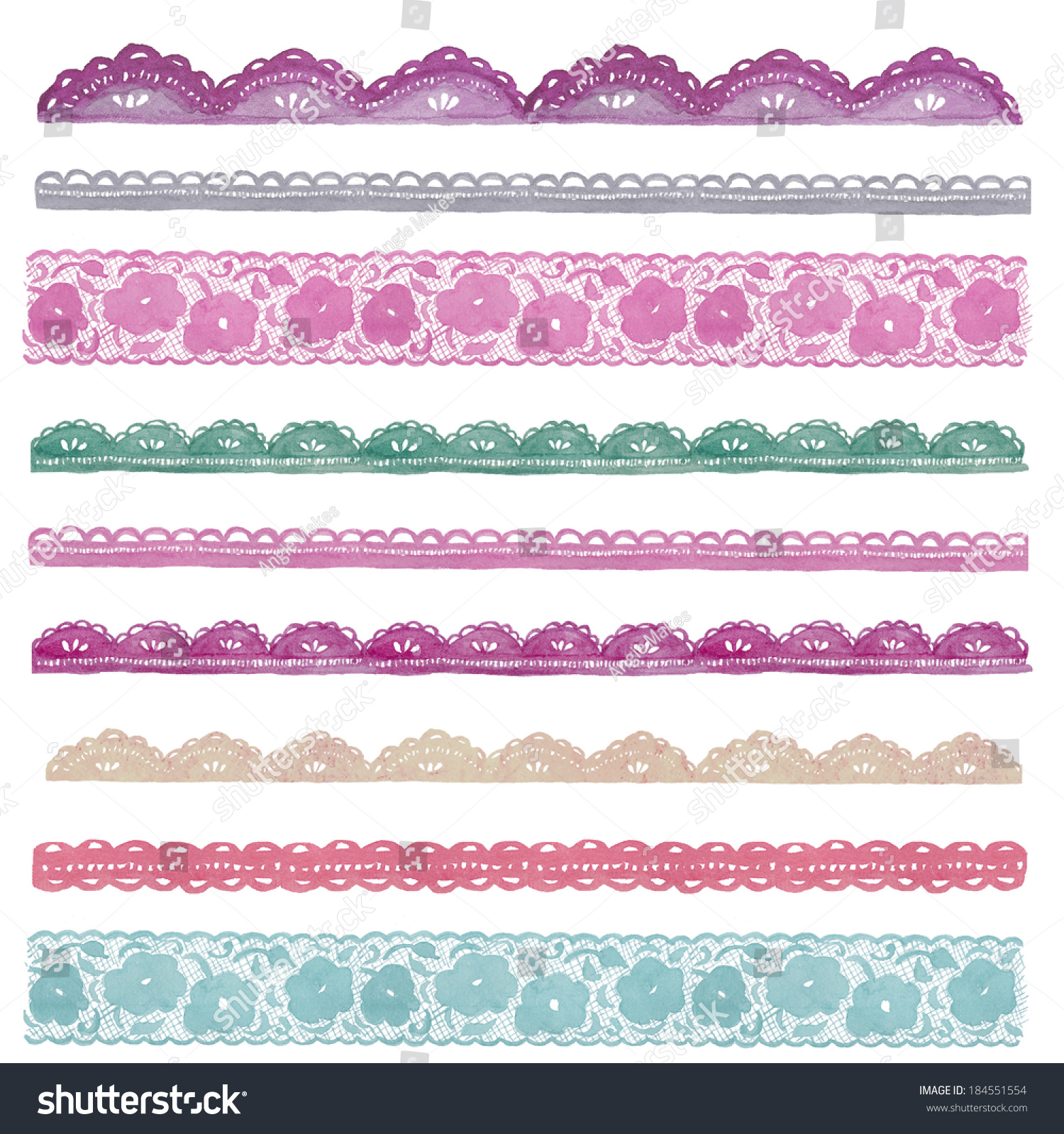 Collection Of Hand Painted Watercolor Lace On Isolated White Background ...