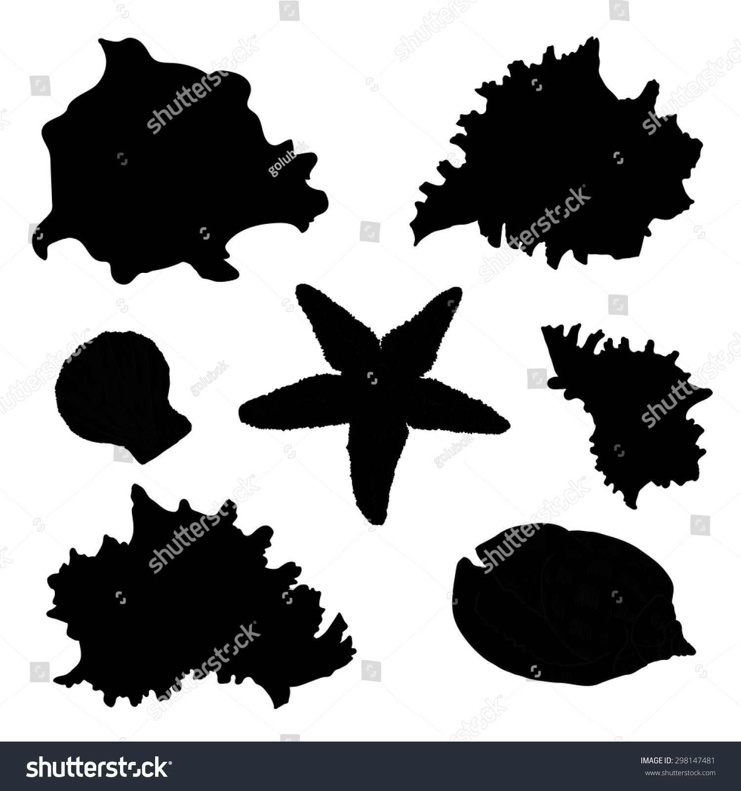 Collection Of Seafish And Seashells Silhouette. Isolated Illustration ...