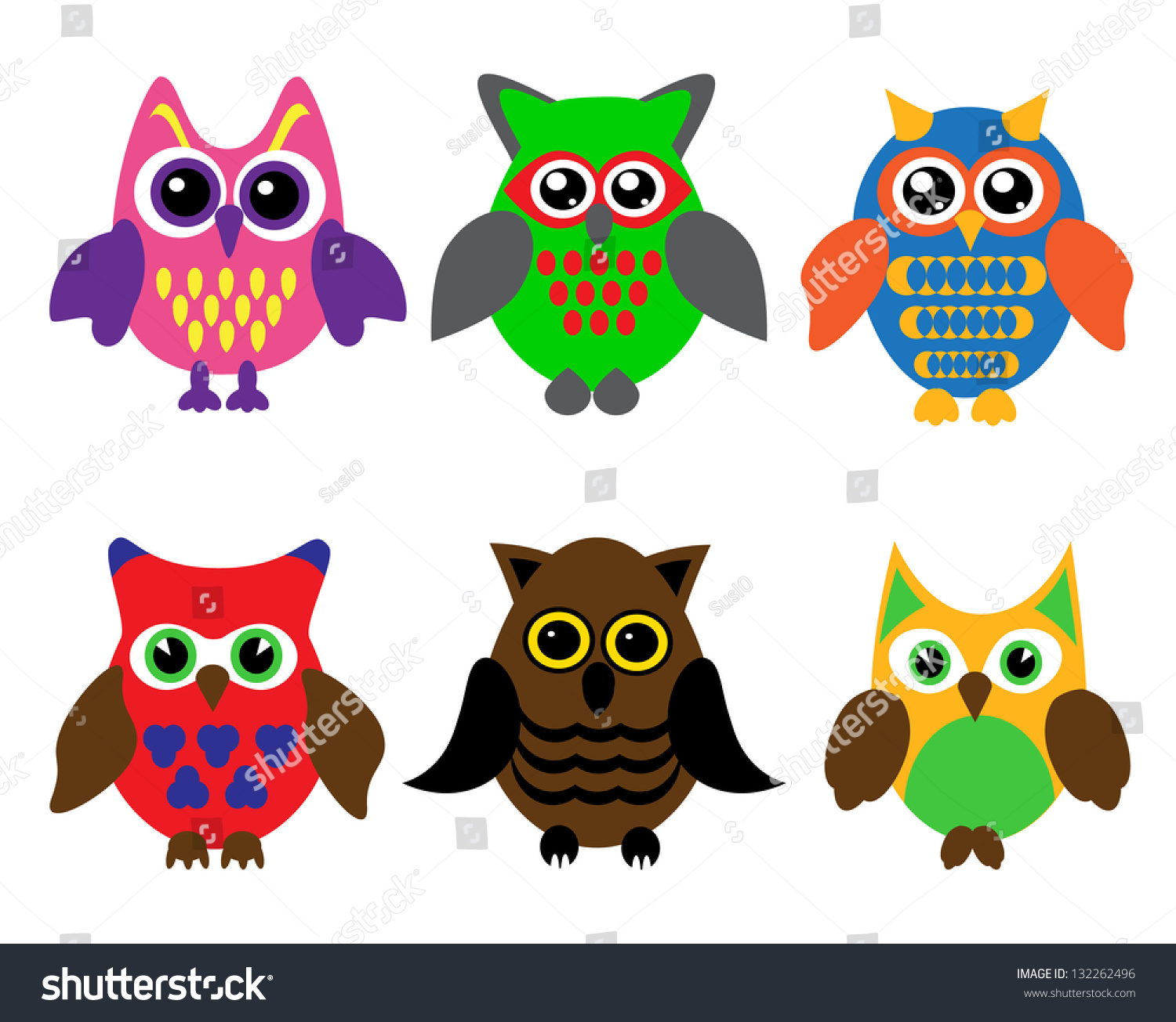 Collection Of Six Different Colored Cartoon Owls On A White Background ...