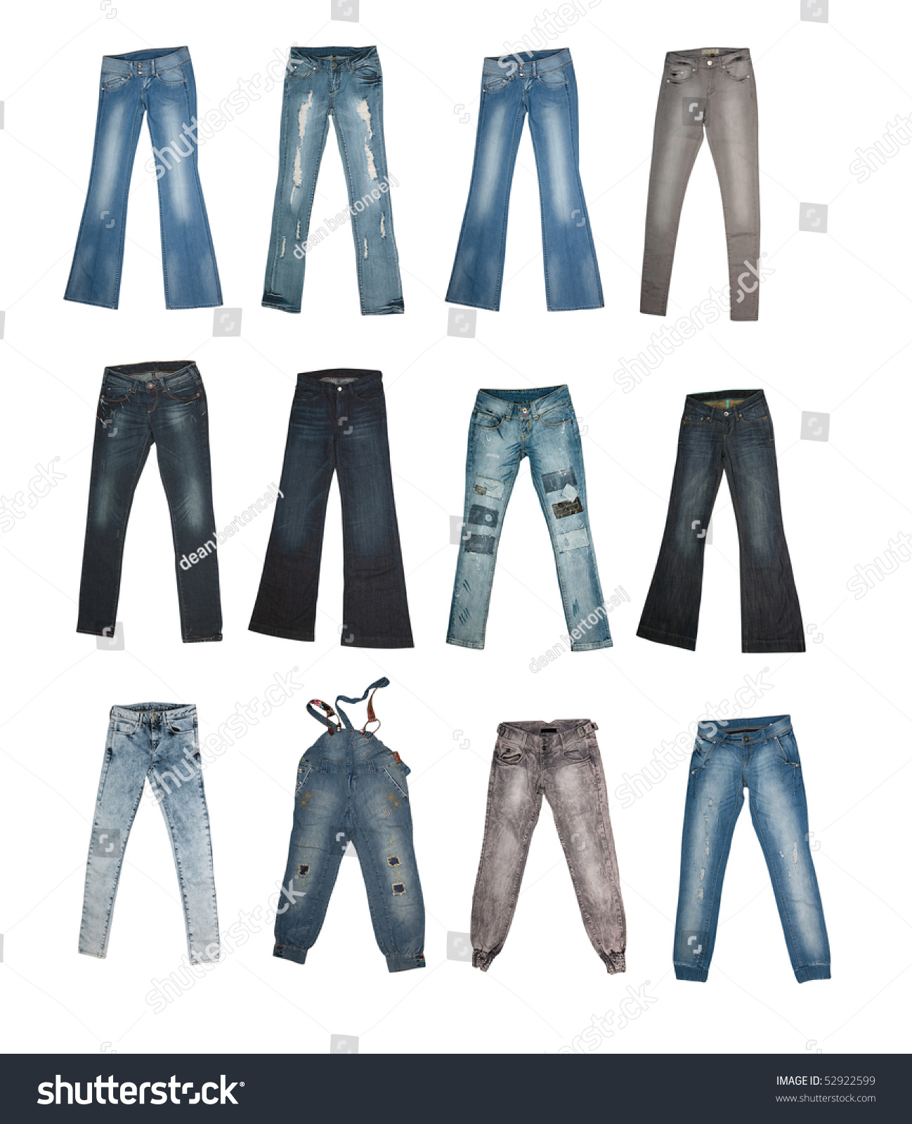 Collection Of Various Types Of Jeans Isolated On White Background With ...
