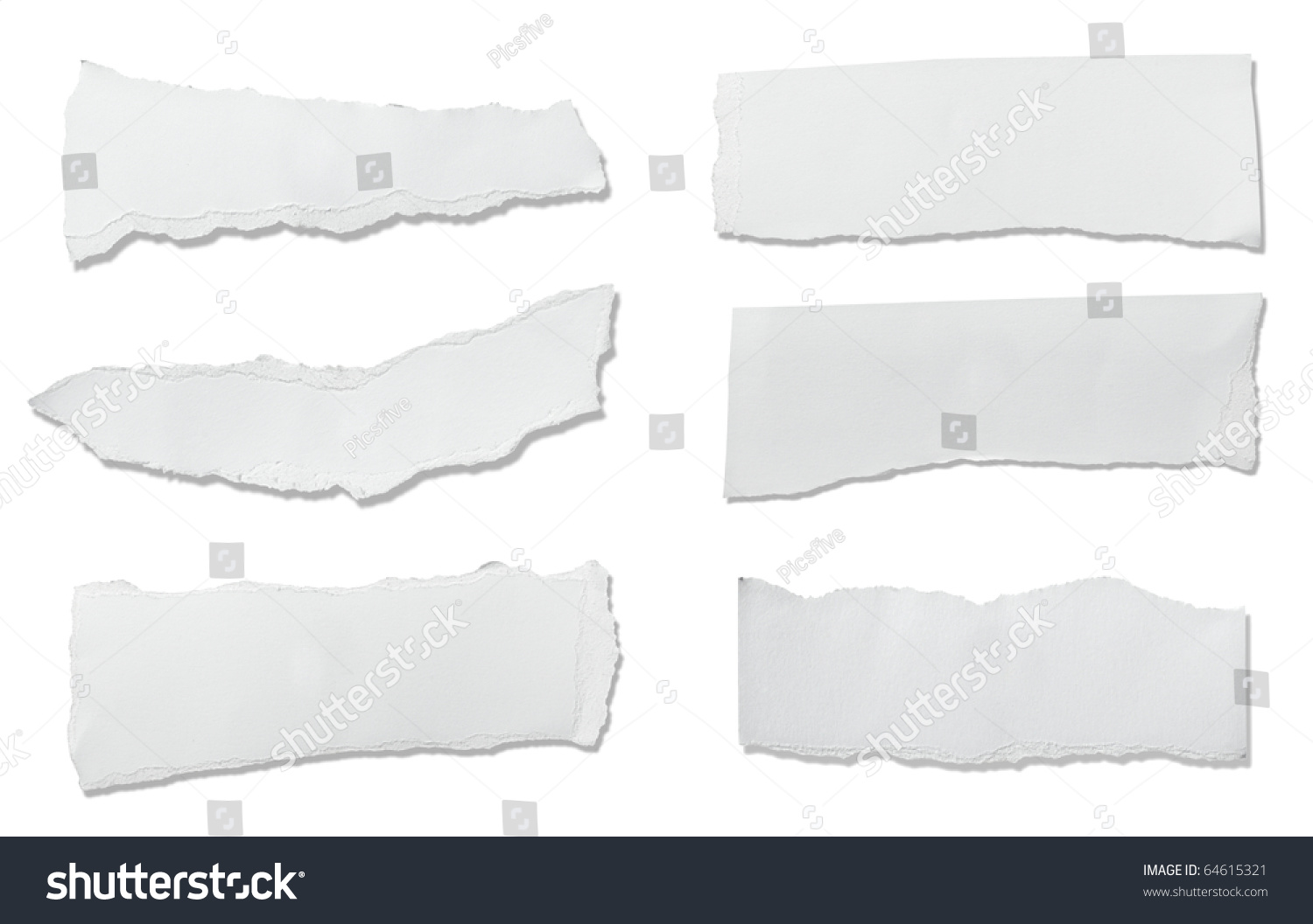 Collection Of White Ripped Pieces Of Paper On White Background. Each ...