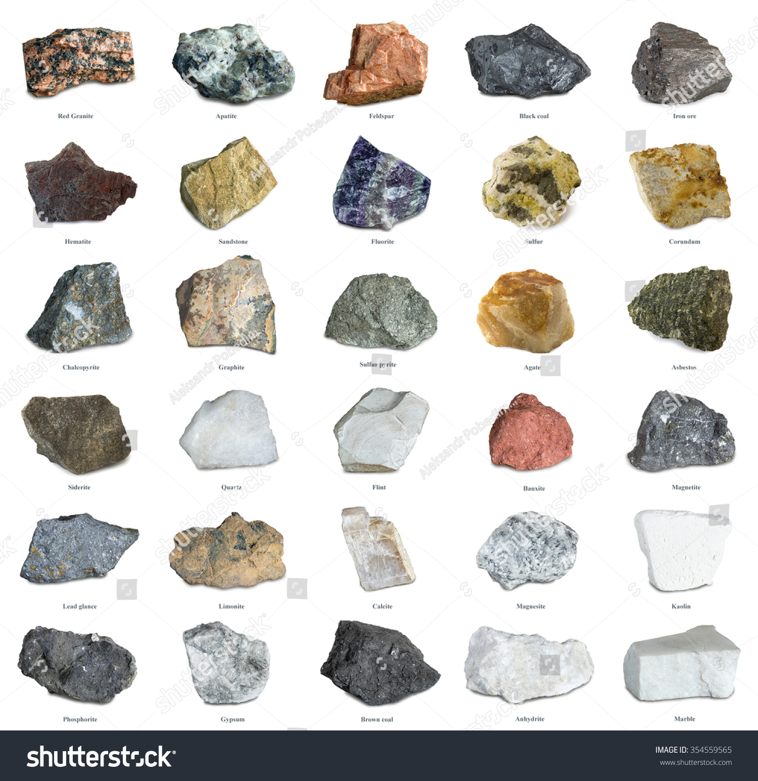 Collection Set Of Minerals And Stones Isolated On White. Iron Ore ...